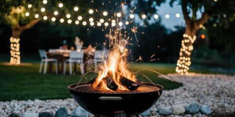 A close-up view of a charcoal grill with flames and sparks, set against a backdrop of a lush, green backyard with twinkling string lights.