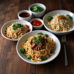 Delicious fresh fried Noodles with beef and vegetables assortment Served, Noodles with chicken and vegetables on a white background