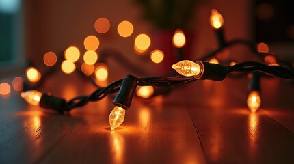 Warm glowing Christmas lights on a wooden table