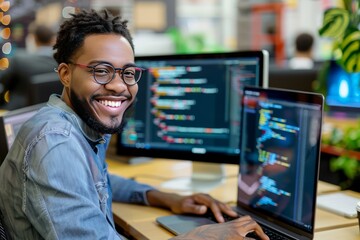 Cheerful Multiracial programmer man working with computers in office. , background blur