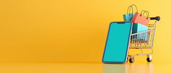 Mobile phone beside shopping cart filled with colorful bags on a yellow background.