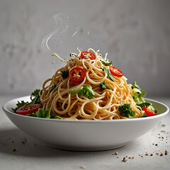 Delicious fresh fried Noodles with beef and vegetables assortment Served, Noodles with chicken and vegetables on a white background