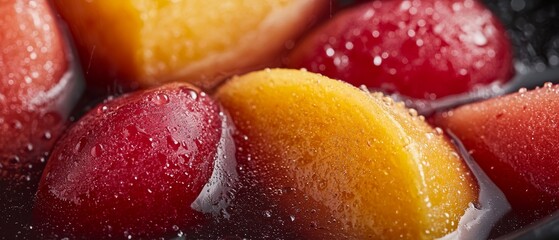 Poster -  A tight shot of a red, yellow, and orange fruit bowl, adorned with water droplets