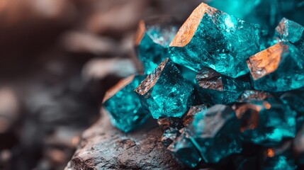 Poster -  A tight shot of various rocks, adorned with blue and orange crystals atop, against a softly blurred background