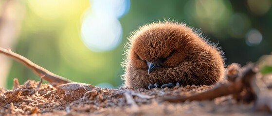 Sticker -  A small bird perches atop a mound of dirt, with a verdant, leafy tree looming in the background