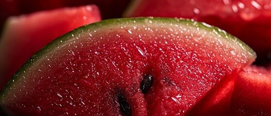 Canvas Print -  A tight shot of a watermelon slice, adorned with water droplets gleaming on its surface