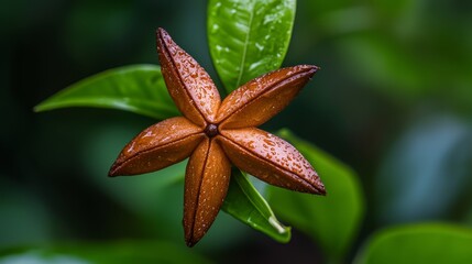 Wall Mural -  A tight shot of a bloom displaying water beads on its petals, backed by a verdant leaf