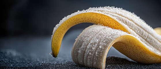 Poster -  A banana, half-peeled, sits atop a black counter; beside it lies a banana peel with a taken bite