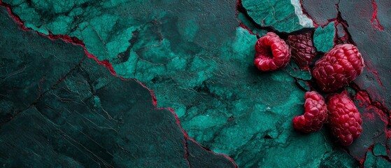 Wall Mural -  A cluster of raspberries atop green-red marbled surface, adjacent to one another