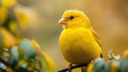 Wall Mural -  A yellow bird perched on a tree branch, wet from rain, with blurred background