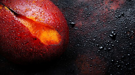 Poster -  A fruit, sat atop a moist table, sported water droplets Nearby, a banana bore a bitten section