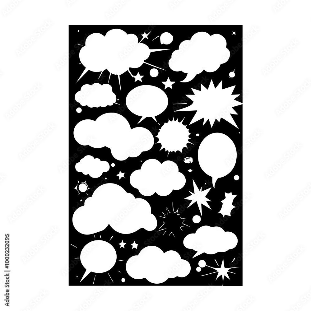 Nine hand drawn speech bubbles in white and black outline silhouette ...