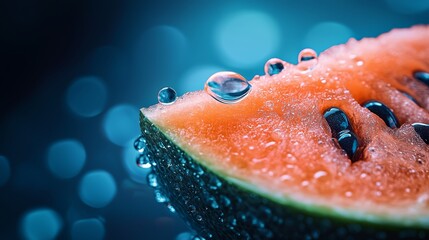 Poster -  A tight shot of a watermelon slice, adorned with droplets of water at its edges