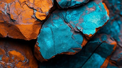 Poster -  A tight shot of a collection of rocks One rock showcases an application of orange and teal paint Another rock bears blue and orange paint