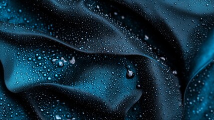 Poster -  A tight shot of water droplets on a dark-blue fabric, heavily populated by numerous droplets