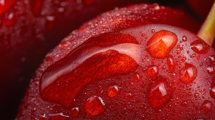 Sticker -  A red apple, its surface dotted with water droplets, is featured in a tight shot In the backdrop, a green apple remains unfazed