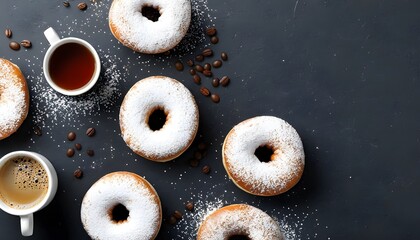 Coffee and powdered sugar donuts on a dark surface