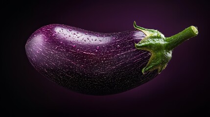 Poster -  A detailed shot of a purple eggplant, adorned with dewdrops at its peak