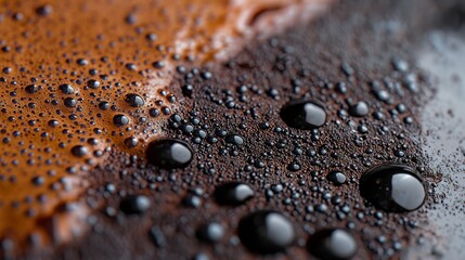 Poster -  A tight shot of water droplets on an orange-black surface, featuring a white dividing stripe