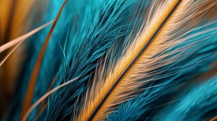 Canvas Print -  A tight shot of a blue, yellow, and orange bird's colorful plumage, featuring long, slender, thin feathers