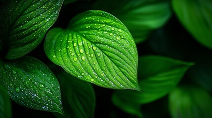 Poster -  Close-up of a green leaf dotted with water drops Green leaves adorned with water beads