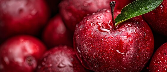 Poster -  A tight shot of a red apple pile, topped by a green leaf