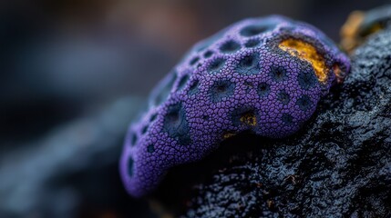  A tight shot of a purple-yellow coral against a black rock, adorned with water droplets atop