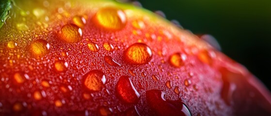 Sticker -  A tight shot of a red apple, adorned with water droplets clinging to its exterior and gleaming within its flesh