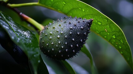 Sticker -  A macro shot of a leaf dotted with water droplets, surrounded by a green plant's foliage in the background