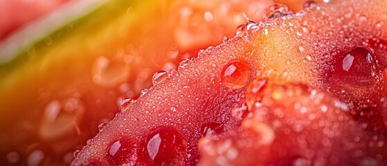 Wall Mural -  A tight shot of a watermelon slice, adorned with droplets of water at its edges