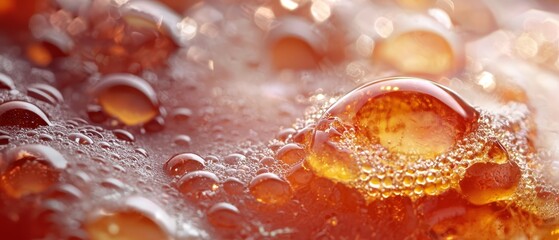 Poster -  A tight shot of water droplets on a surface, illuminated by a red and yellow light in their midst