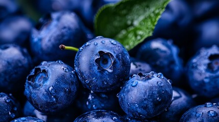 Wall Mural -  A tight shot of blueberries, dotted with water droplets, and a verdant leaf hovering above