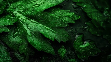 Canvas Print -  A black backdrop features a solitary green leaf, wet with dewdrops, surrounded by a multitude of other emerald leaves