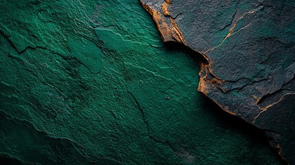 Poster -  A tight shot of a textured green wall, displaying a central crack, and a corroded metal artifact embedded within