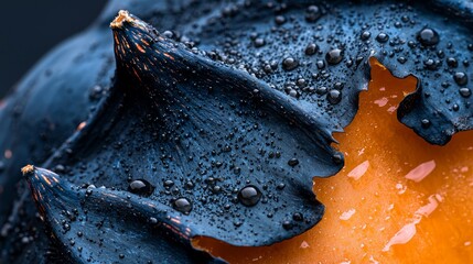 Poster -  A tight shot of a blue-orange object dotted with water droplets, both on its surface and forming small pools