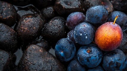  A tight shot of blueberries and plums, with dewdrops glistening on their surfaces A yellow twig protrudes from the top of one fruit