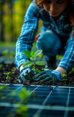 Wall Mural - A woman is planting a small plant in a garden. She is wearing gloves and kneeling down. The garden is full of plants and the woman is focused on her task