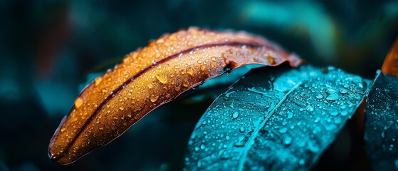 Wall Mural -  Close-up of a leaf dotted with water droplets, against a backdrop of a green plant adorned with leaves