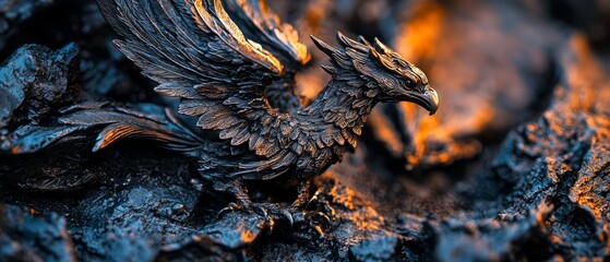 Canvas Print -  A close-up of a statute of a bird atop a pile of coal The bird statue is black and golden