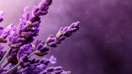 Sticker -  A tight shot of lavender blooms, petals dotted with water beads, against a softly blurred purple backdrop