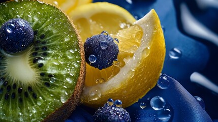 Poster -  A tight shot of a kiwi, lemon, and blueberries against a blue fabric backdrop, adorned with water droplets