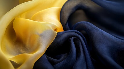 Canvas Print -  A tight shot of a blue-yellow fabric, featuring a yellow and white striped bottom