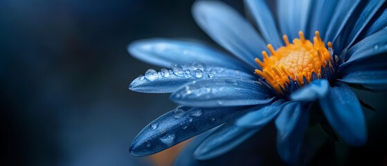 Canvas Print -  A tight shot of a blue bloom with dewdrops on its petals and the flower's wet center