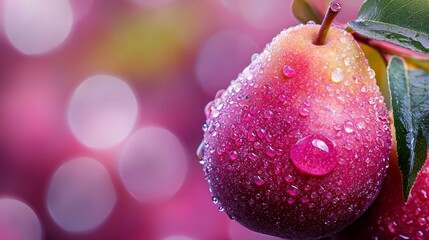 Poster -  A red apple in focus, adorned with water droplets, and a green leaf atop