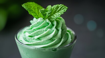 Poster -  A tight shot of a glass containing a green beverage Atop it rests a solitary green leaf, serving as its garnish