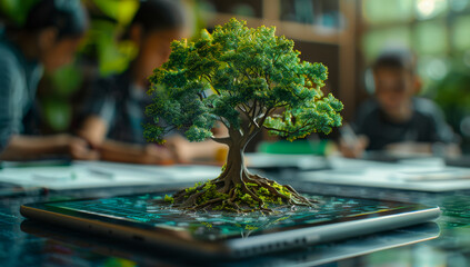 A small tree is growing out of a tablet. The tablet is on a table with a few people sitting around it. The people are writing and drawing on the tablet. Scene is creative and collaborative