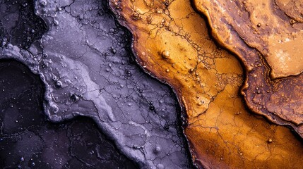 Poster -  A tight shot of water and soil, with a yellow-black deposit on the image's left side and black substance appearing on the right