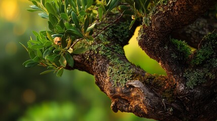 Wall Mural -  A tight shot of a tree, moss-covered branches against a softly blurred backdrop of trees