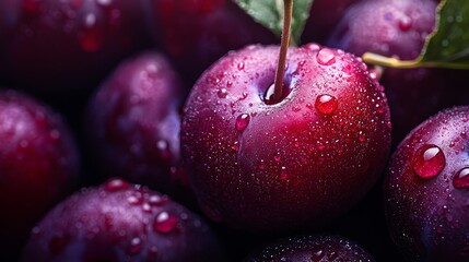 Poster -  A tight shot of numerous plums with dewdrops on their summits and leaves