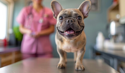 Wall Mural - A woman in a pink shirt is standing next to a dog on a table. The dog is smiling and looking at the camera